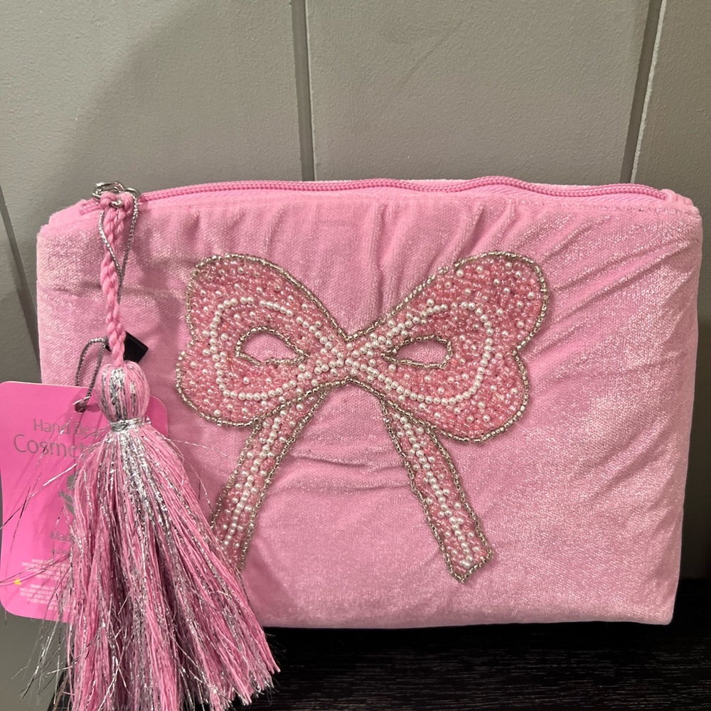 Pink Bow Beaded Embellished Makeup Bag